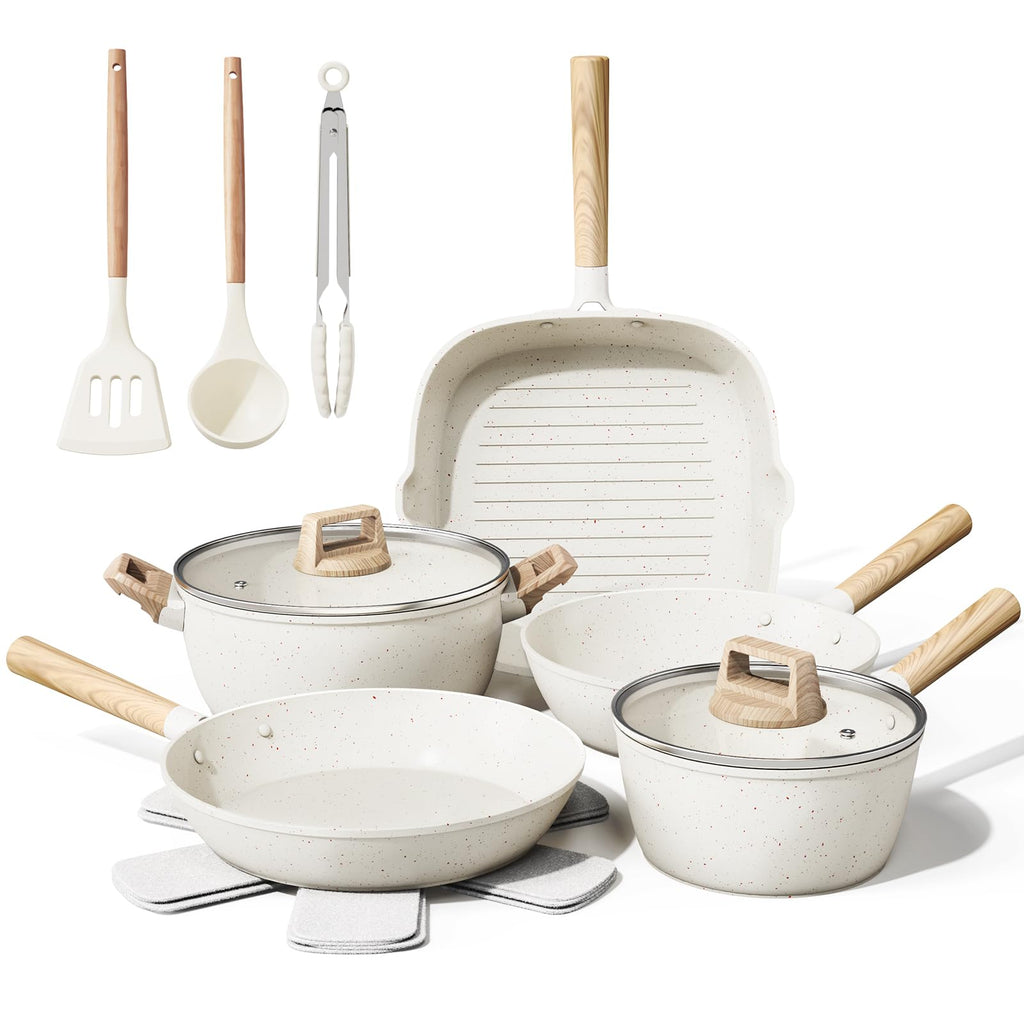 Bazova 14 Pcs Pots and Pans Set Non Stick Large Capacity Ceramic Cookware Set Nonstick Kitchen Cookware Sets with UtensilsHealthy and Non Toxic Induction CookwarePTFE/PFAS/PFOA FreeCream White