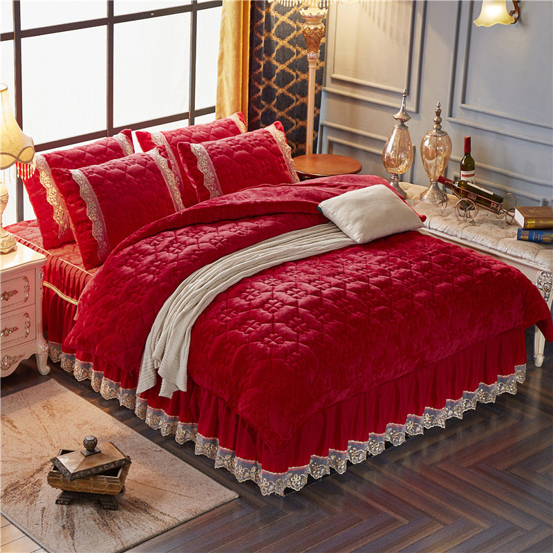 Winter Korean Velvet Quilt Set with Skirt (4 Pieces)