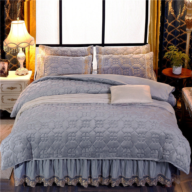 Winter Korean Velvet Quilt Set with Skirt (4 Pieces)