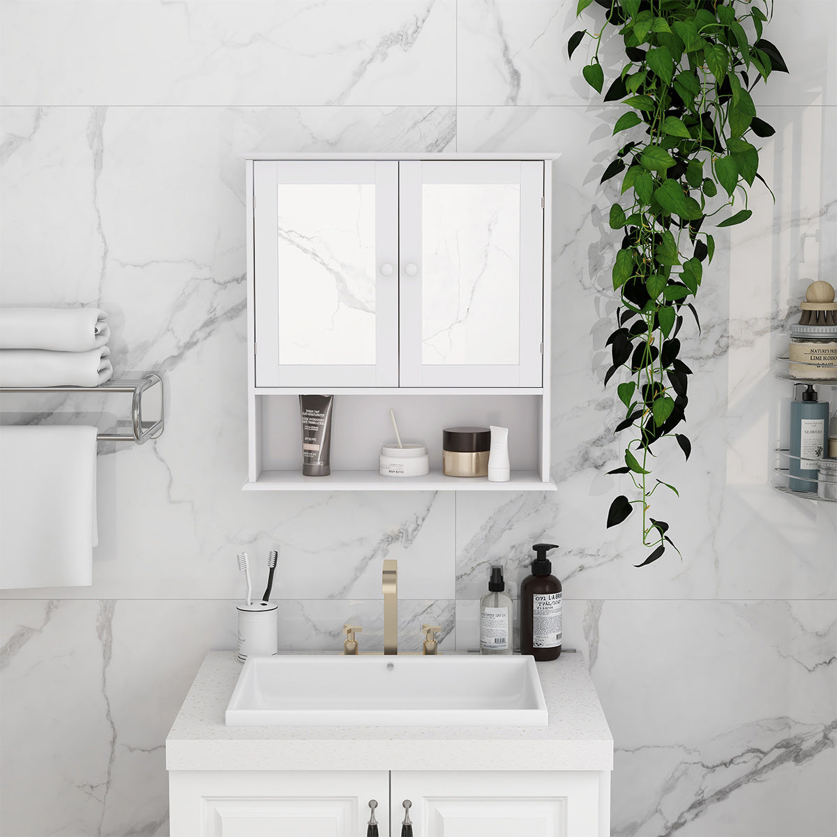Bathroom Wall Cabinet With Double Mirror Doors And Shelves