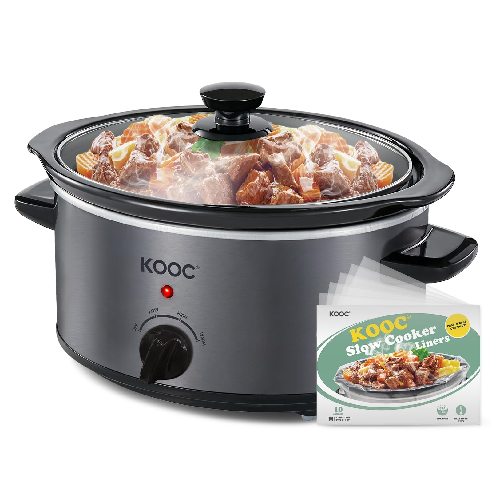 KOOC 4 Quart Slow Cooker Free Liners Included for Easy Clean-up 3 Temperature Settings Dishwasher Safe Crock Stainless Steel GREY Ellipse